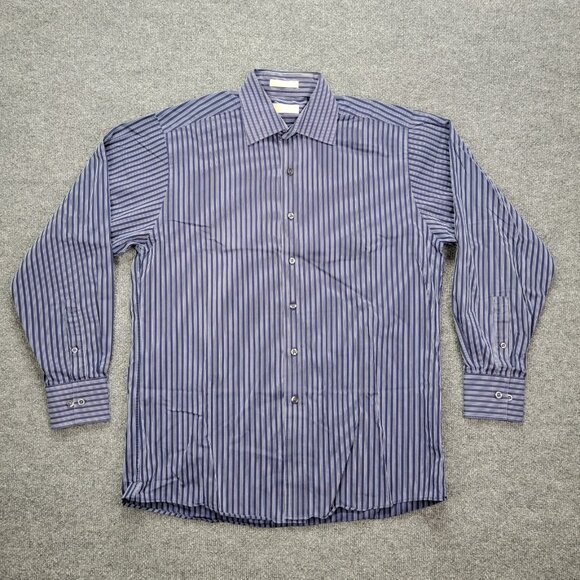 Michael Kors Shirt Mens Large 16 34-35 Blue Striped Button Up Long Sleeve Preppy - Picture 1 of 10